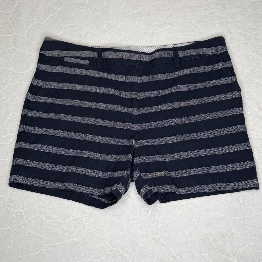 Lands' End Shorts Women's 16 Navy Blue Stripe 5"‎ Chino Not Too Low Rise Preppy
